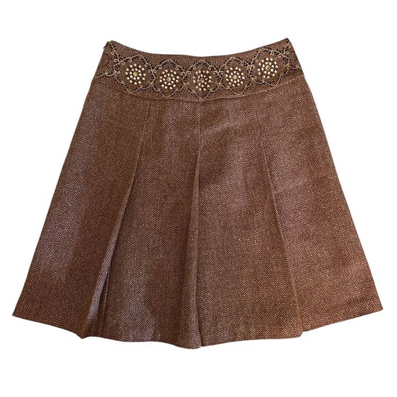 Loft Brown Tweed Embroidered Beaded Wool Blend Pleated A-Line Skirt Size 8 - Picture 1 of 6